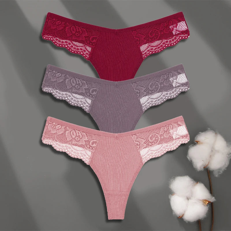 Women’s Low-Waist Cotton Lace G-String Panties – 3 Pcs