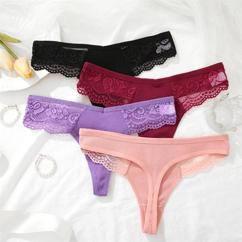 Women’s Low-Waist Cotton Lace G-String Panties – 3 Pcs
