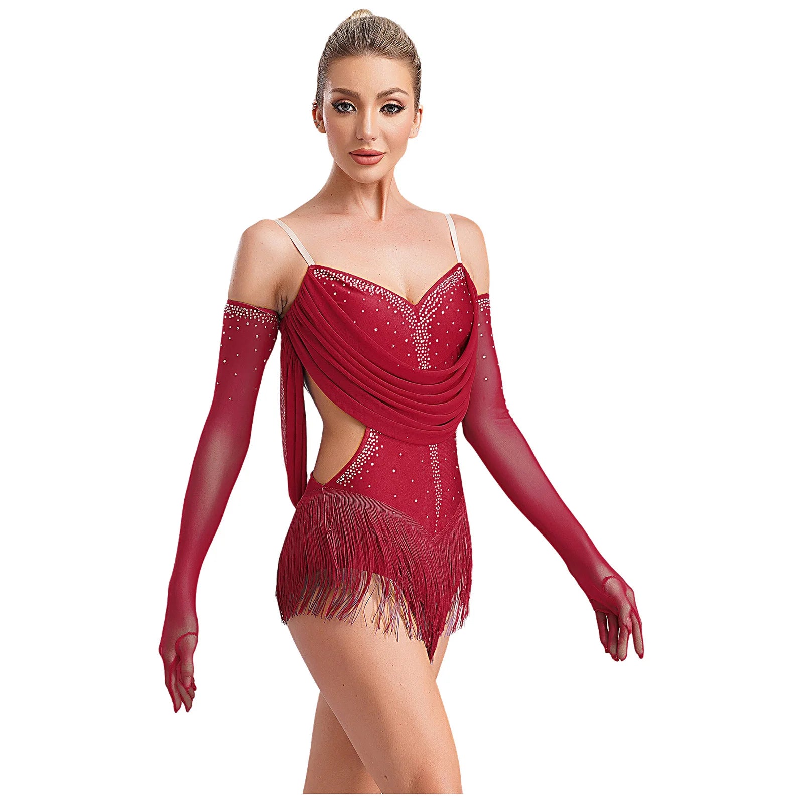 Women’s Rhinestone Tassel Latin Dance Leotard Dress – Tango, Cha-Cha, Salsa