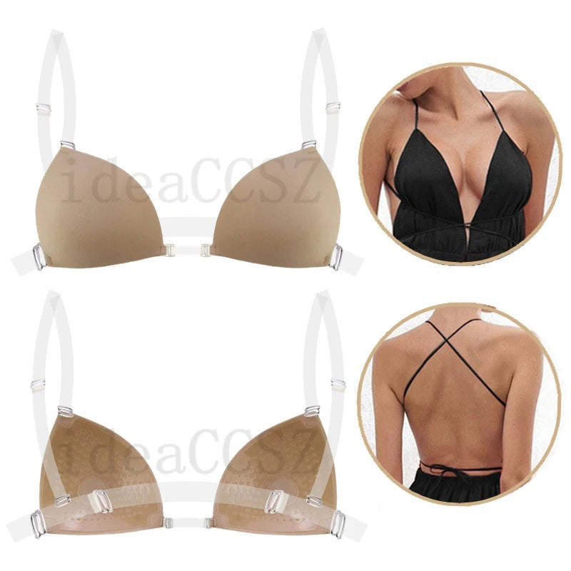 Sticky Bra for Women Backless Wedding Dress Silicone Plunge Deep U Neck Adhesive Bras Lift Boob Invisible Underwear Nipple Cover