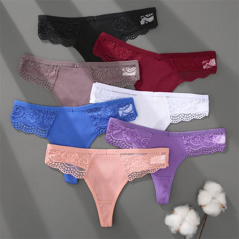 Women’s Low-Waist Cotton Lace G-String Panties – 3 Pcs