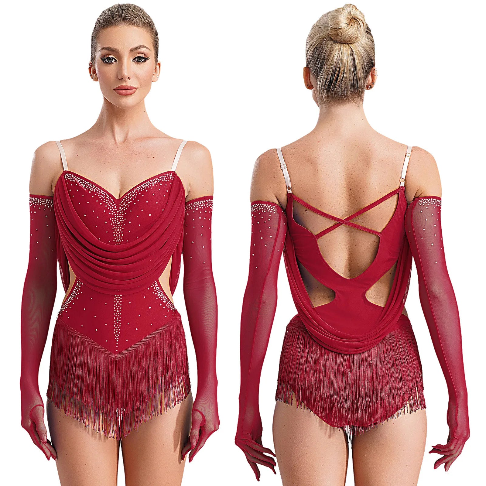 Women’s Rhinestone Tassel Latin Dance Leotard Dress – Tango, Cha-Cha, Salsa