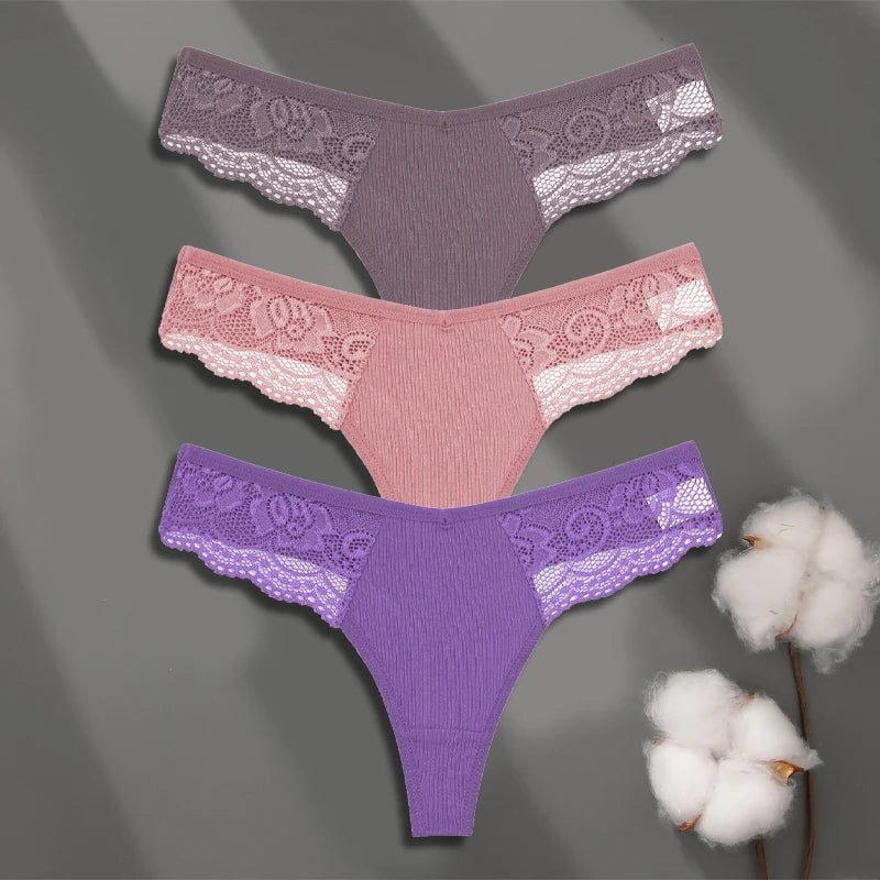 Women’s Low-Waist Cotton Lace G-String Panties – 3 Pcs