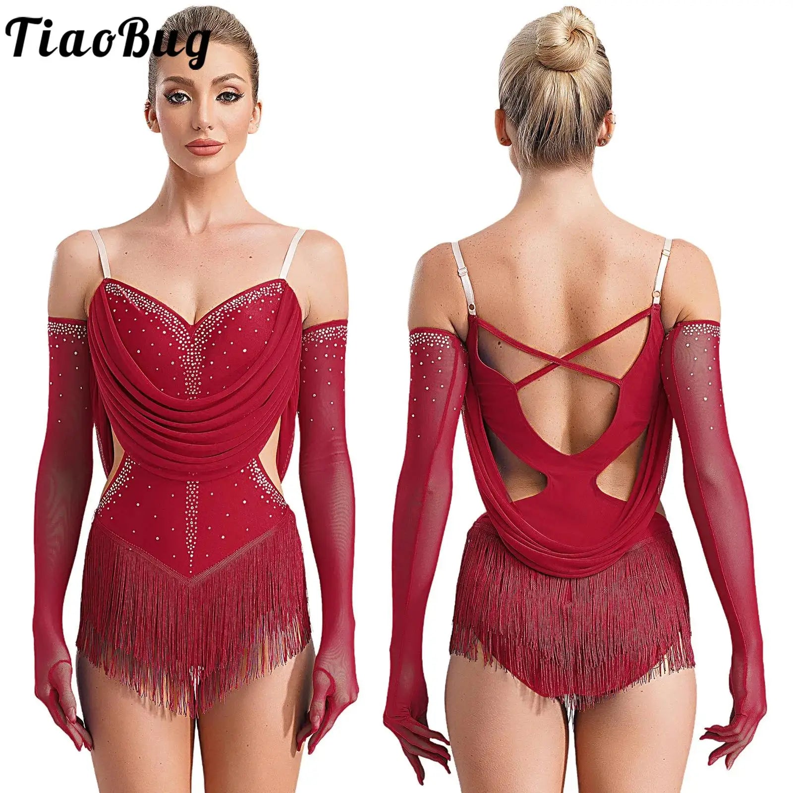 Women’s Rhinestone Tassel Latin Dance Leotard Dress – Tango, Cha-Cha, Salsa