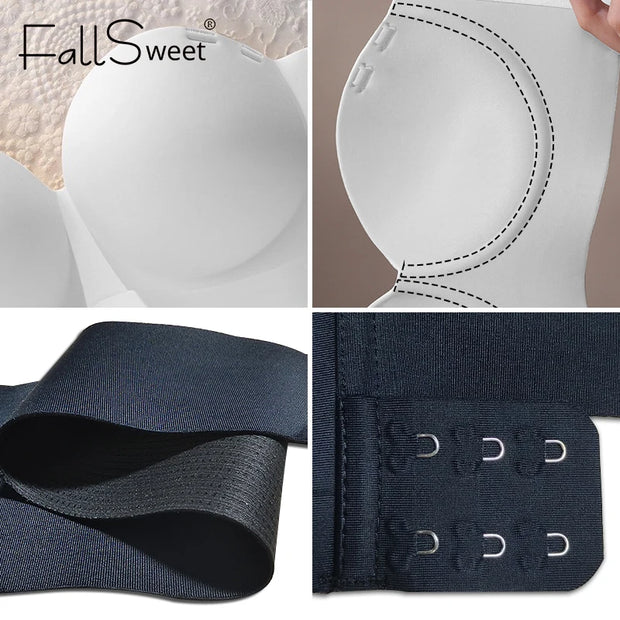 FallSweet Strapless Push Up Bra for Women Non-Slip Backless Tube Top Bras with Side Buckle Wireless Bralette Sports Underwear