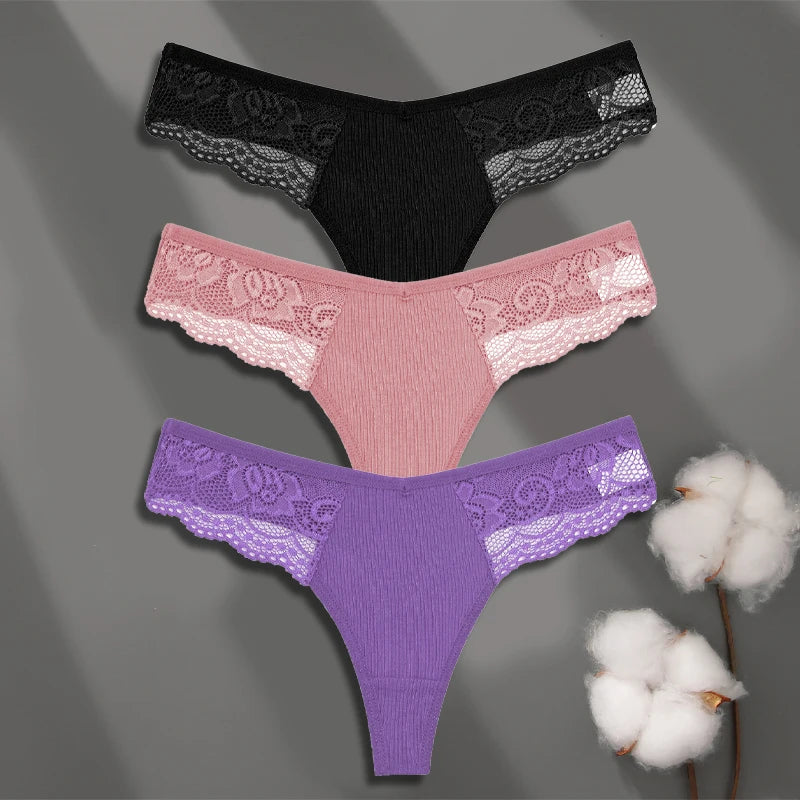 Women’s Low-Waist Cotton Lace G-String Panties – 3 Pcs