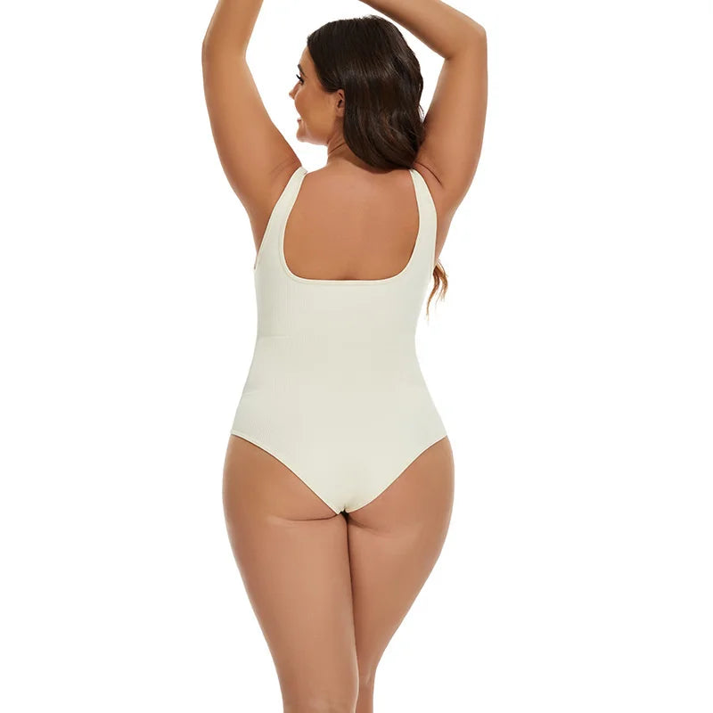 Ribbed Tummy Control Jumpsuit – Light Control Bodysuit with Open Crotch