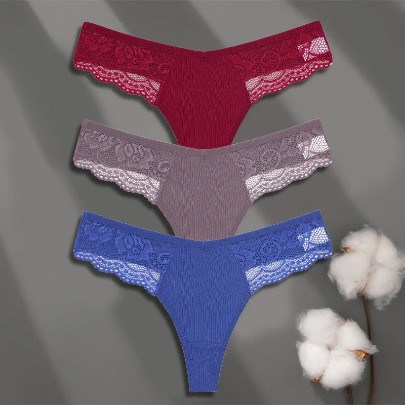 Women’s Low-Waist Cotton Lace G-String Panties – 3 Pcs