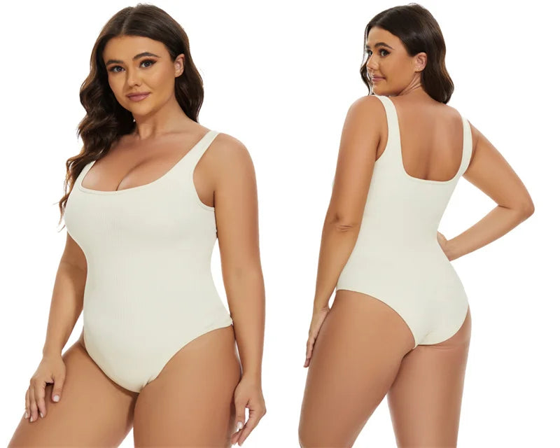 Ribbed Tummy Control Jumpsuit – Light Control Bodysuit with Open Crotch