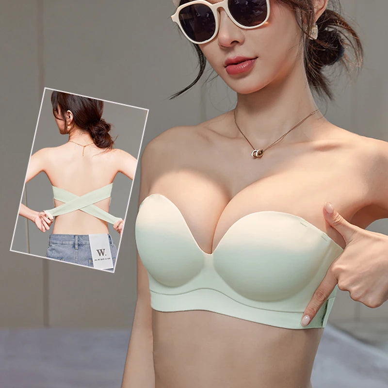 FallSweet Strapless Push Up Bra for Women Non-Slip Backless Tube Top Bras with Side Buckle Wireless Bralette Sports Underwear