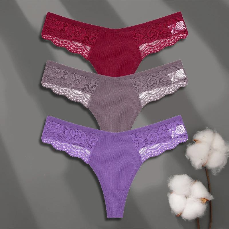 Women’s Low-Waist Cotton Lace G-String Panties – 3 Pcs