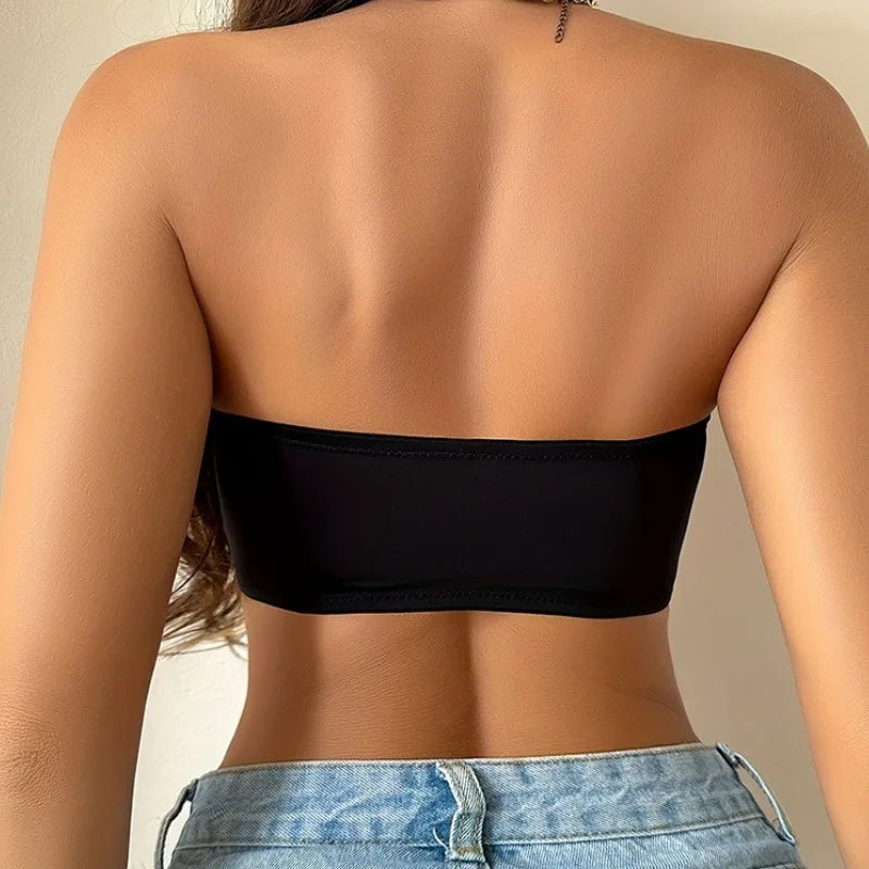 Women's Bra Black Front Buckle Removable Padded Wireless Soft Ice Silk Traceless Bra Strapless Underwear For Women Strapless Bra