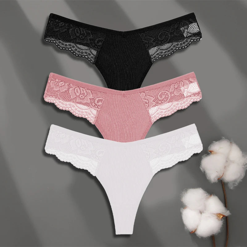 Women’s Low-Waist Cotton Lace G-String Panties – 3 Pcs