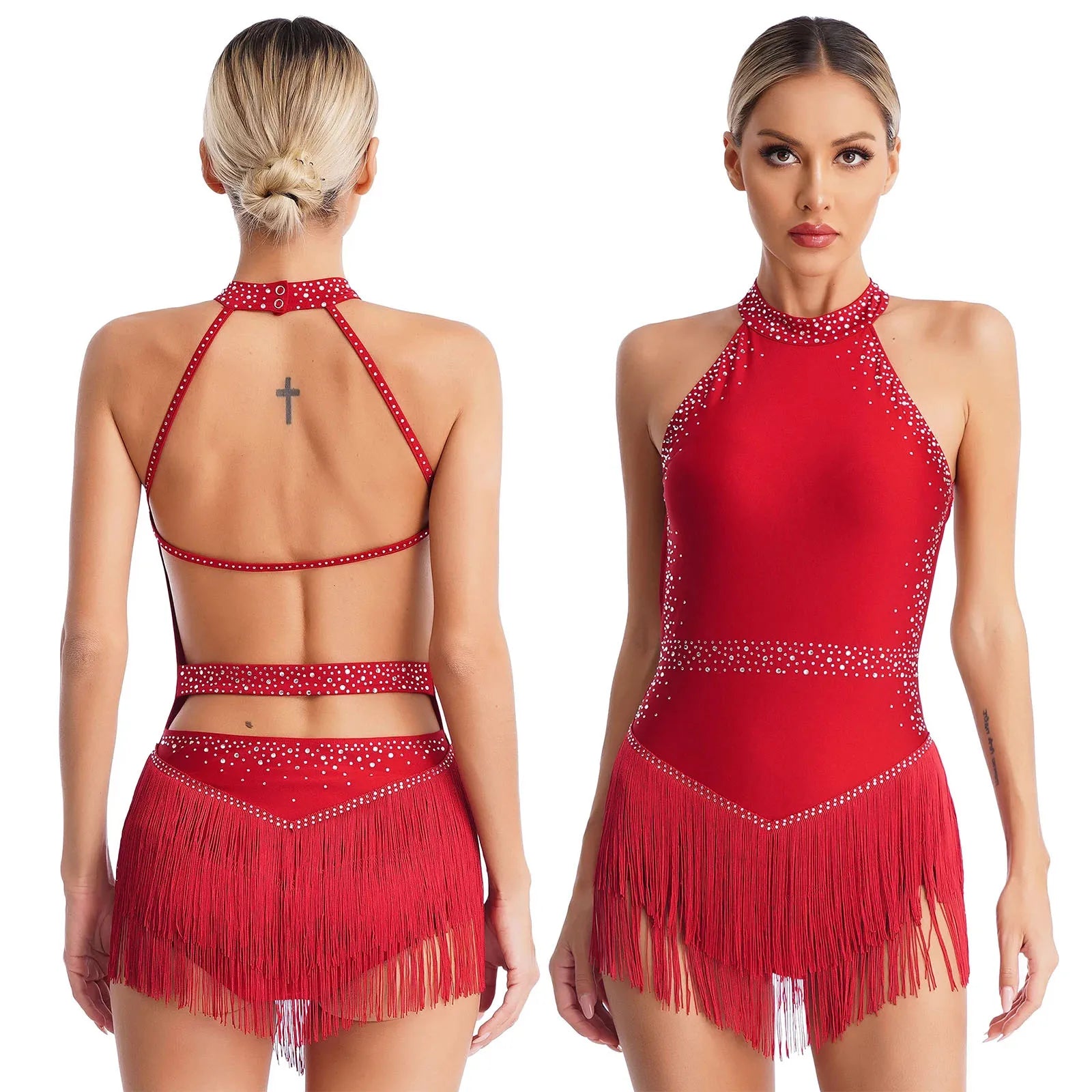 Women’s Rhinestone Tassel Latin Dance Leotard Dress – Tango, Cha-Cha, Salsa