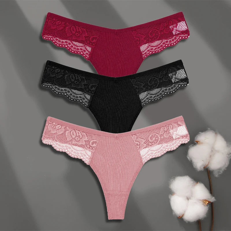 Women’s Low-Waist Cotton Lace G-String Panties – 3 Pcs