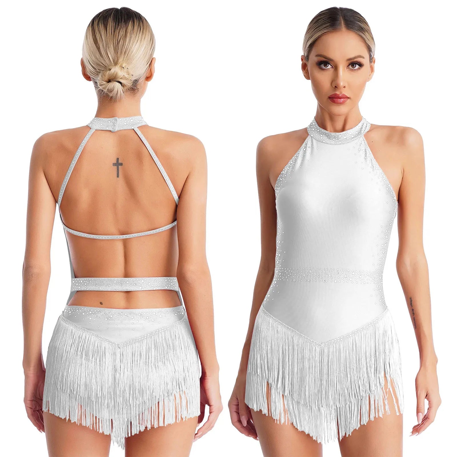 Women’s Rhinestone Tassel Latin Dance Leotard Dress – Tango, Cha-Cha, Salsa