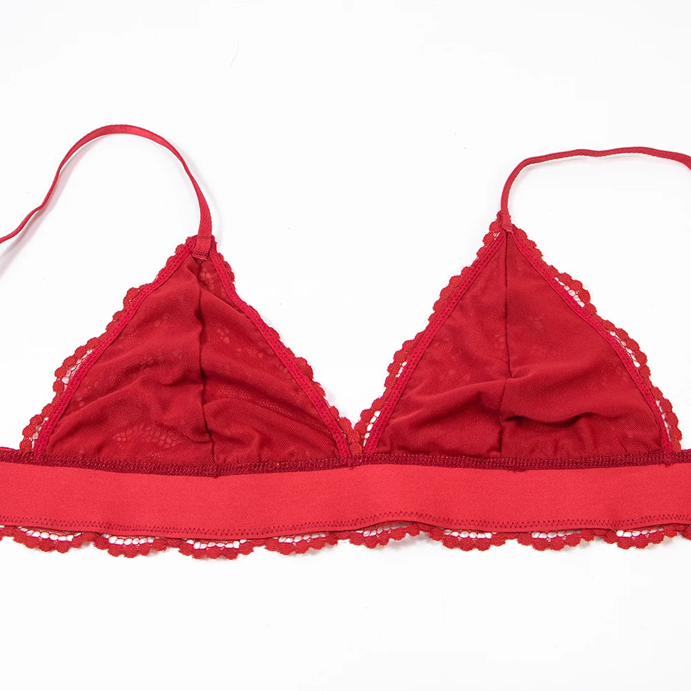 Lace Lingerie Set with Non-Padded Bra, Panty & Garter Stocking