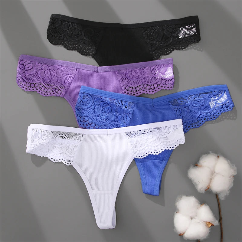 Women’s Low-Waist Cotton Lace G-String Panties – 3 Pcs