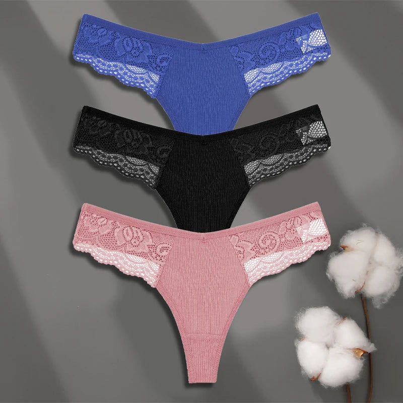 Women’s Low-Waist Cotton Lace G-String Panties – 3 Pcs
