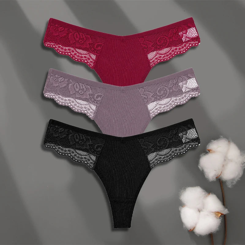 Women’s Low-Waist Cotton Lace G-String Panties – 3 Pcs