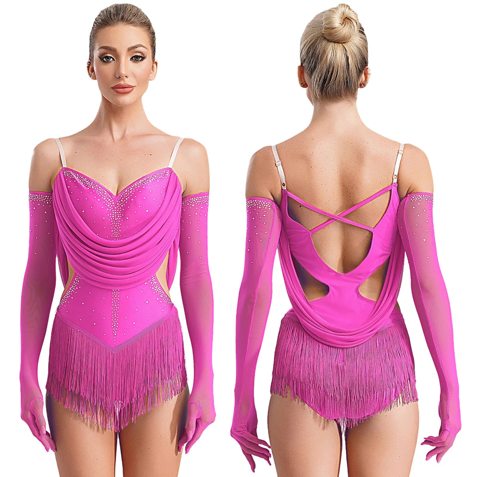 Women’s Rhinestone Tassel Latin Dance Leotard Dress – Tango, Cha-Cha, Salsa