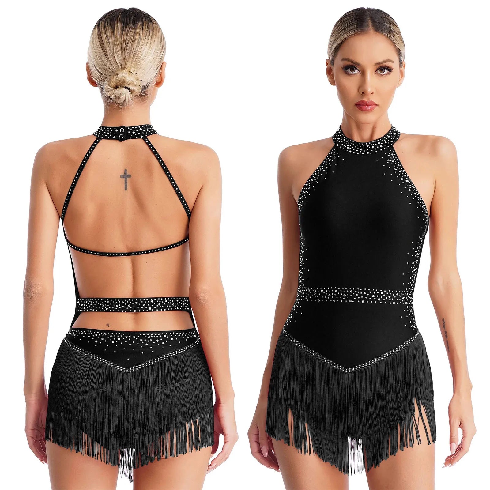 Women’s Rhinestone Tassel Latin Dance Leotard Dress – Tango, Cha-Cha, Salsa