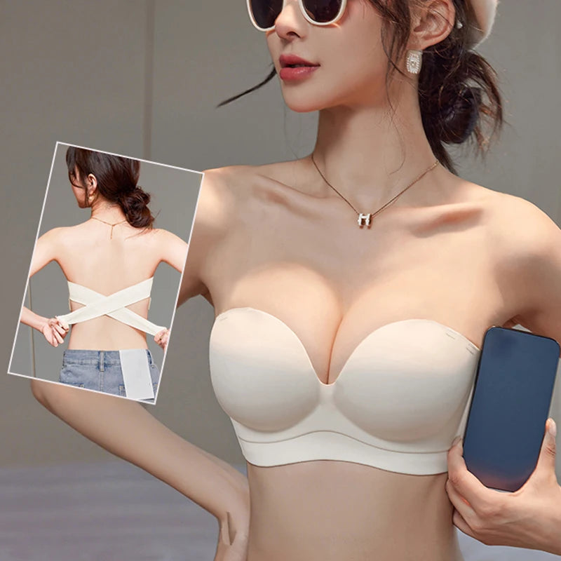 FallSweet Strapless Push Up Bra for Women Non-Slip Backless Tube Top Bras with Side Buckle Wireless Bralette Sports Underwear