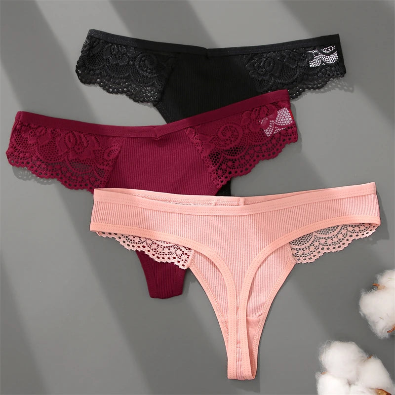 Women’s Low-Waist Cotton Lace G-String Panties – 3 Pcs