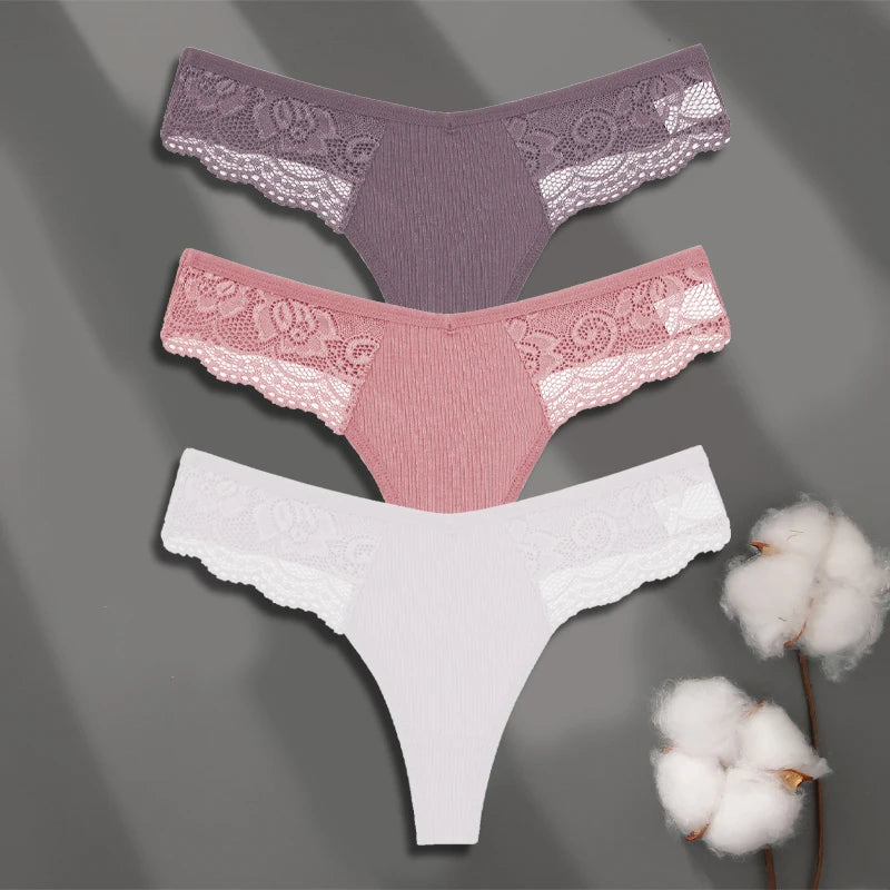 Women’s Low-Waist Cotton Lace G-String Panties – 3 Pcs