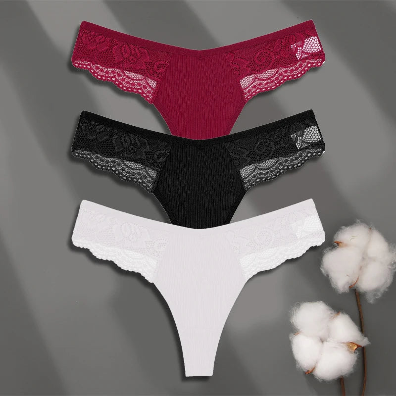 Women’s Low-Waist Cotton Lace G-String Panties – 3 Pcs