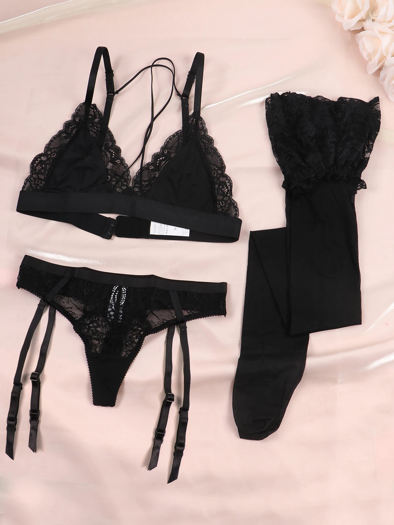 Lace Lingerie Set with Non-Padded Bra, Panty & Garter Stocking