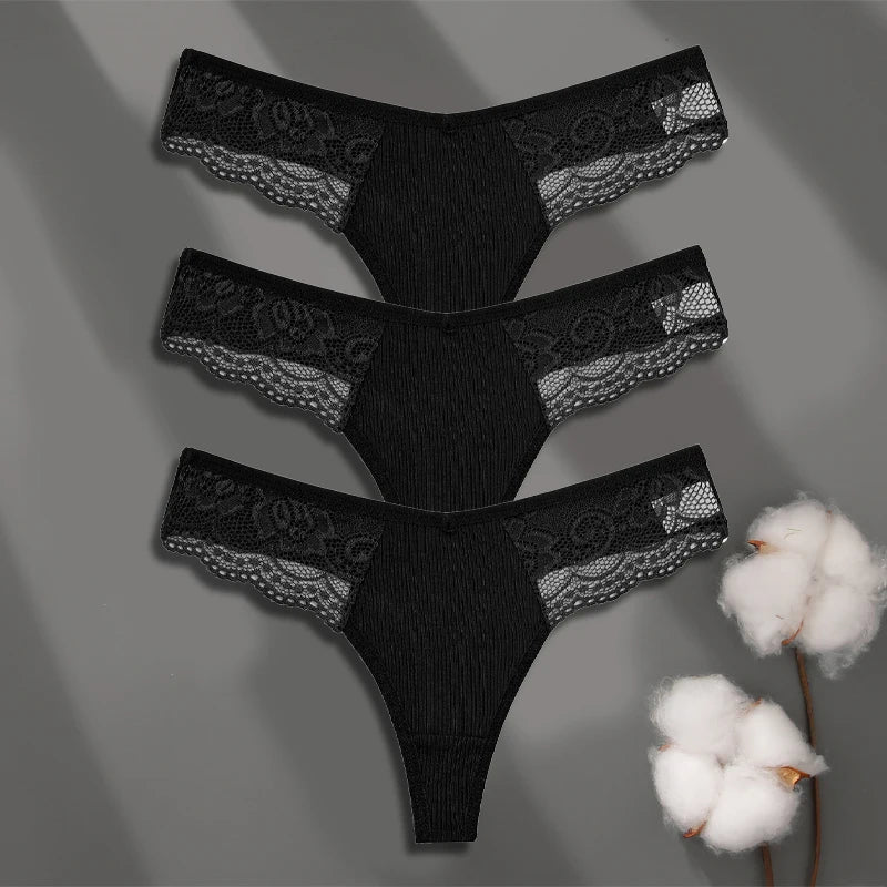 Women’s Low-Waist Cotton Lace G-String Panties – 3 Pcs