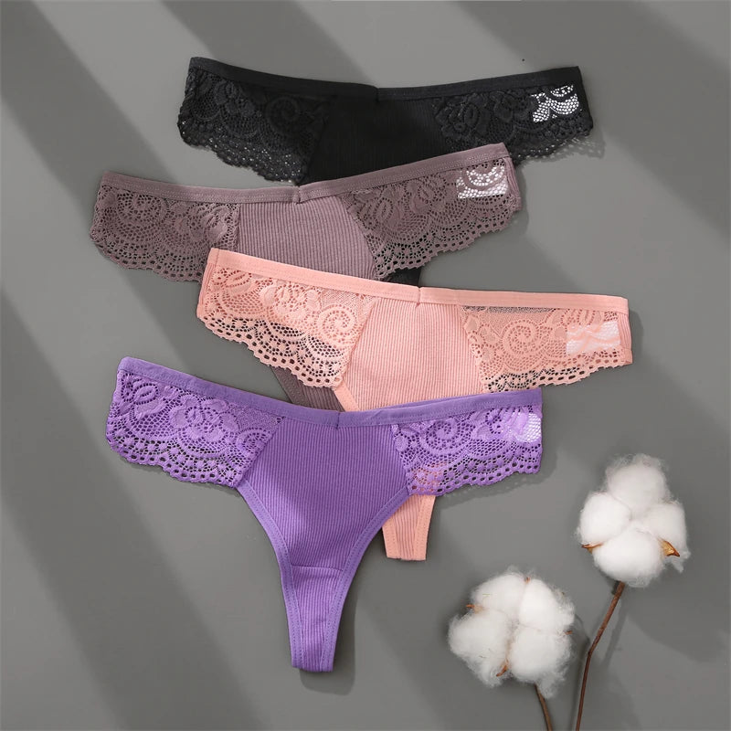 Women’s Low-Waist Cotton Lace G-String Panties – 3 Pcs
