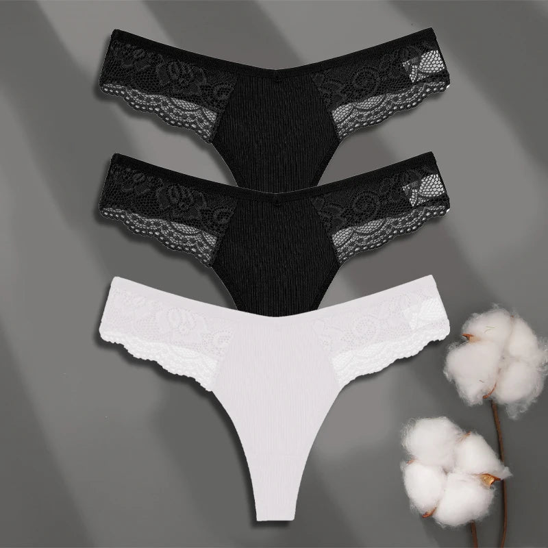 Women’s Low-Waist Cotton Lace G-String Panties – 3 Pcs
