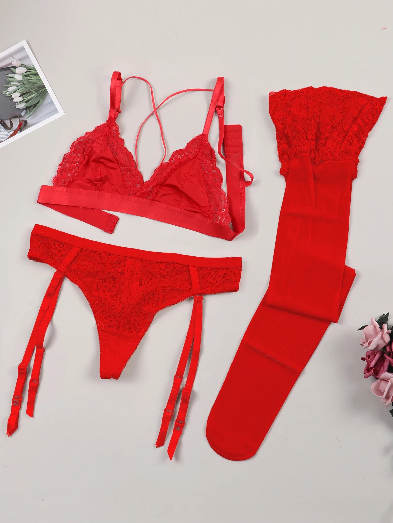 Lace Lingerie Set with Non-Padded Bra, Panty & Garter Stocking