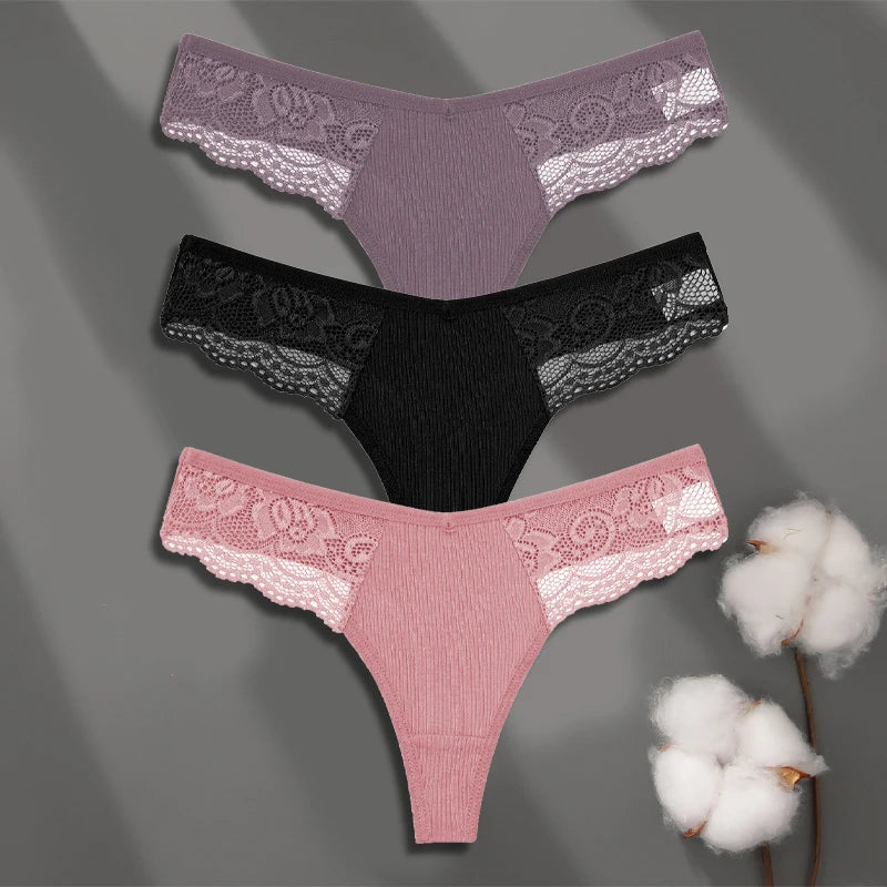 Women’s Low-Waist Cotton Lace G-String Panties – 3 Pcs