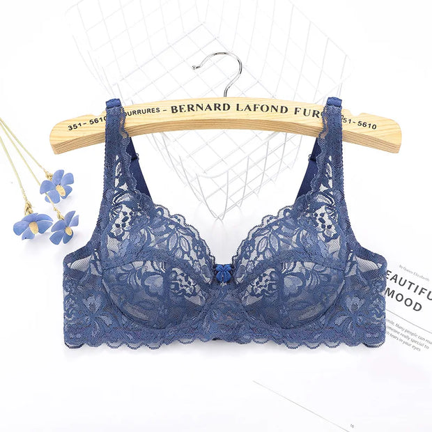 Plus Size Lace Push Up Bra Women Sexy Hollow Out Lingerie Lady Lace Transparent Underwear Female Embroidery Solid Bra