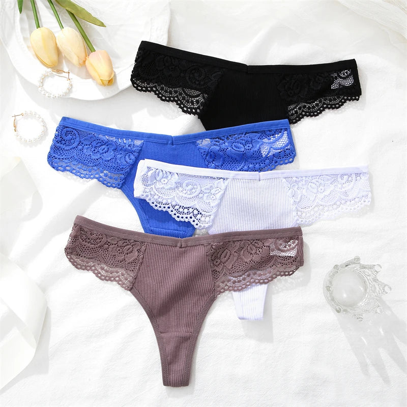 Women’s Low-Waist Cotton Lace G-String Panties – 3 Pcs