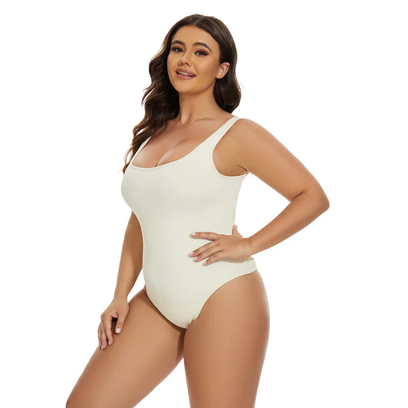 Ribbed Tummy Control Jumpsuit – Light Control Bodysuit with Open Crotch