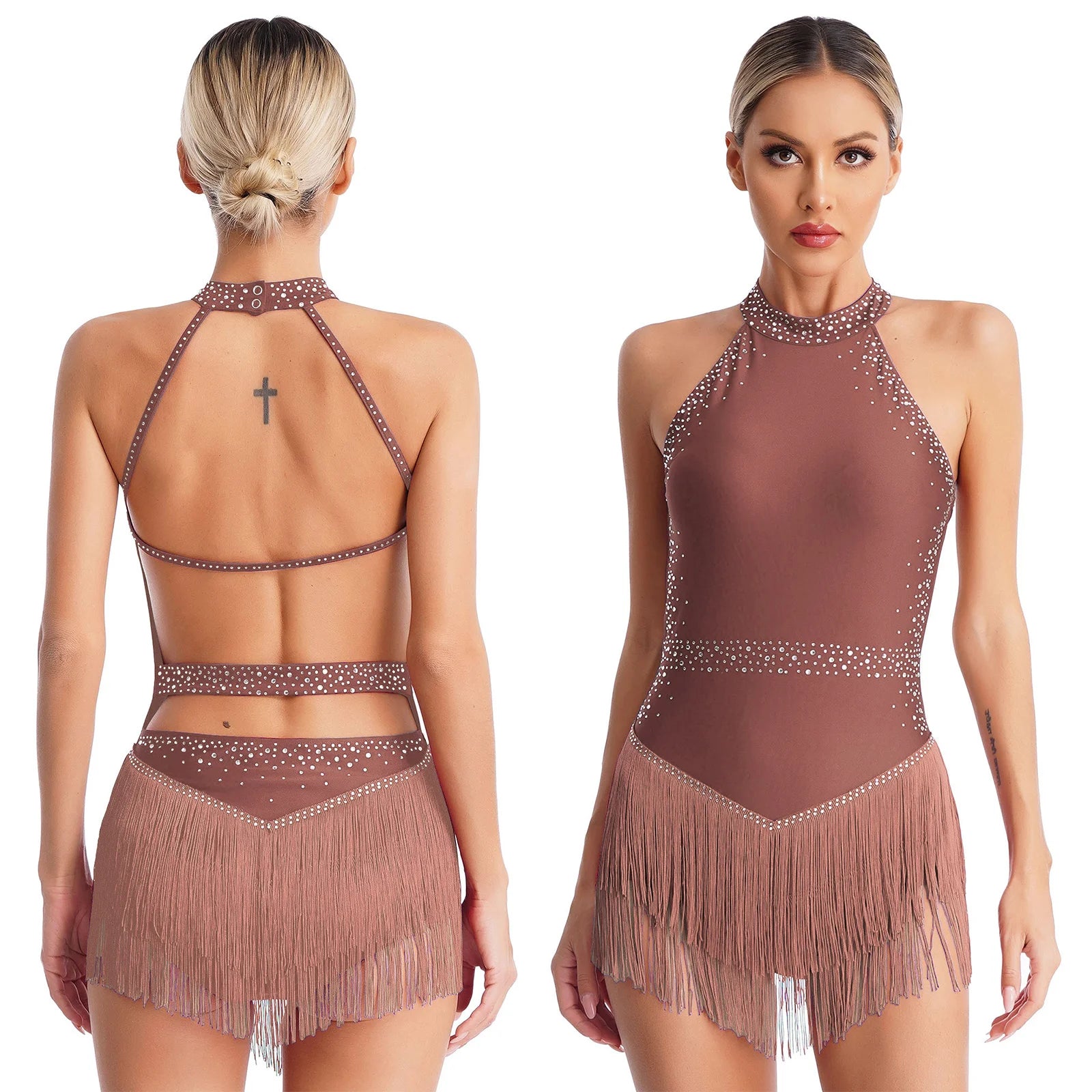 Women’s Rhinestone Tassel Latin Dance Leotard Dress – Tango, Cha-Cha, Salsa