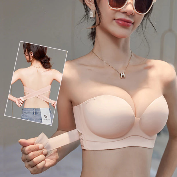 FallSweet Strapless Push Up Bra for Women Non-Slip Backless Tube Top Bras with Side Buckle Wireless Bralette Sports Underwear