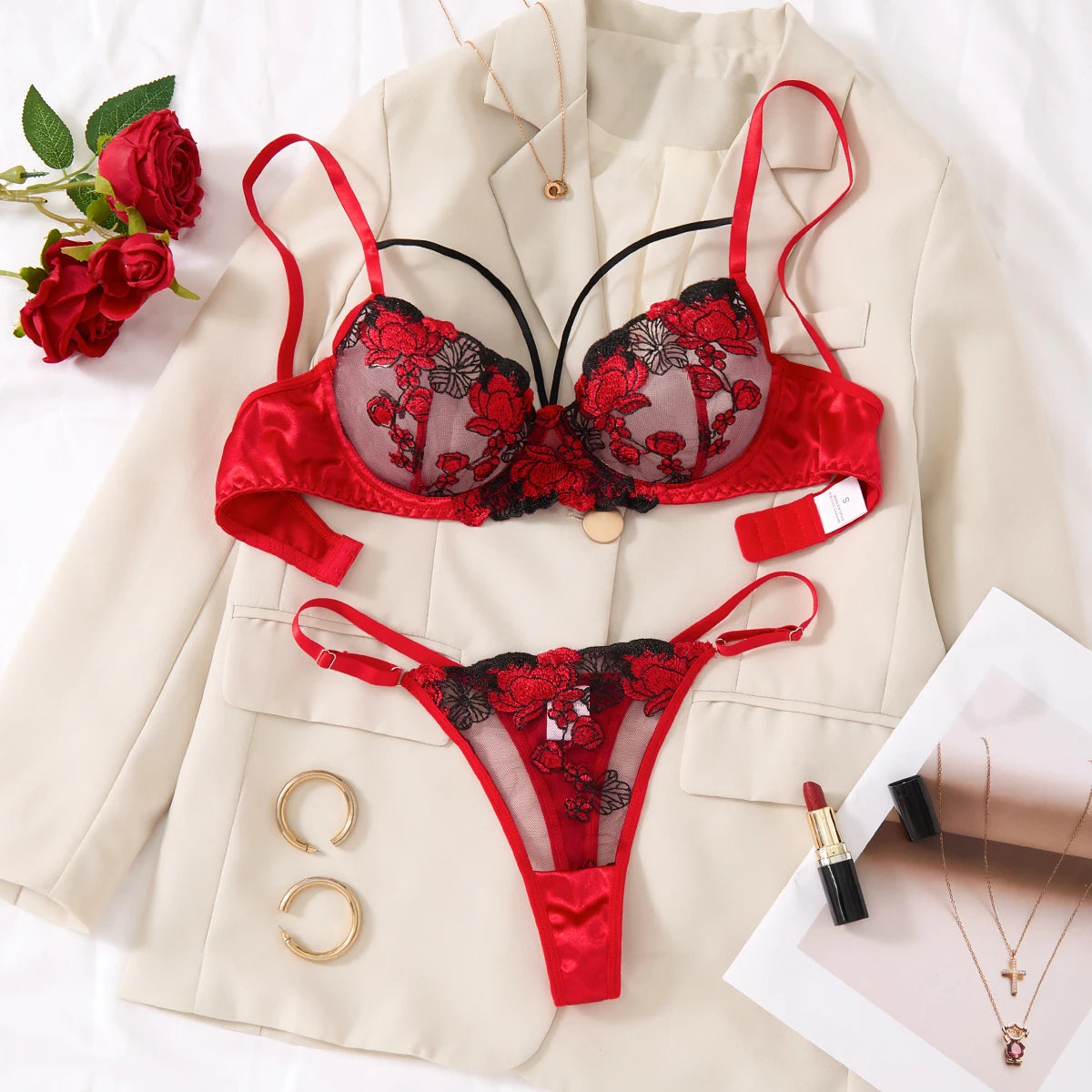 Black & Red Floral Embroidered Bra Set