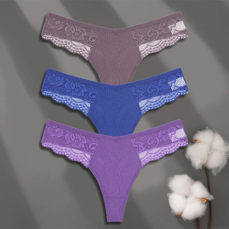 Women’s Low-Waist Cotton Lace G-String Panties – 3 Pcs