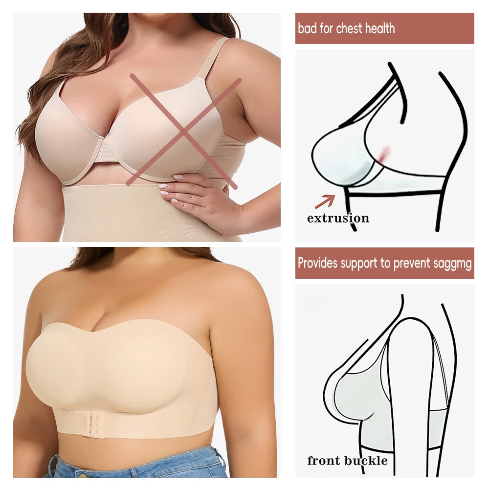 Women Strapless Padded Bra Seamless Front Button Cross Bandage Bras Comfortable Smooth Plus Size Lingerie for Women