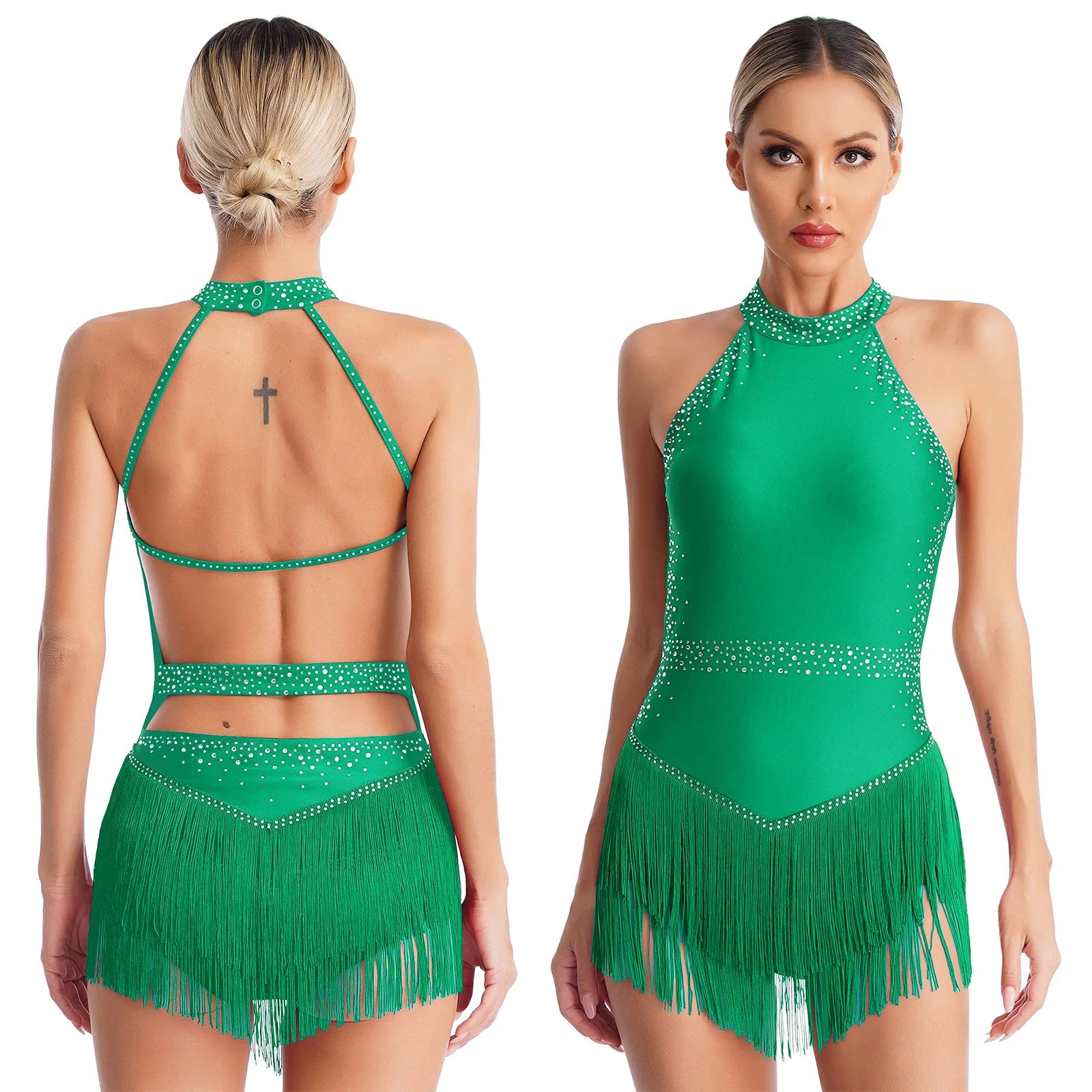 Women’s Rhinestone Tassel Latin Dance Leotard Dress – Tango, Cha-Cha, Salsa