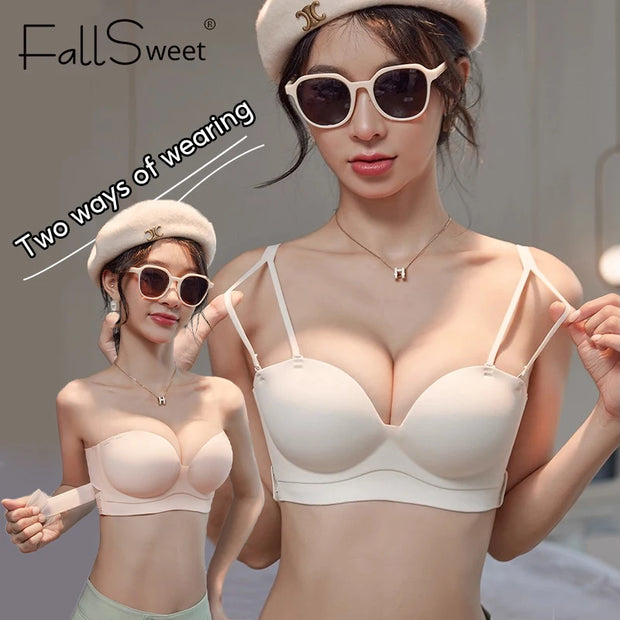 FallSweet Strapless Push Up Bra for Women Non-Slip Backless Tube Top Bras with Side Buckle Wireless Bralette Sports Underwear