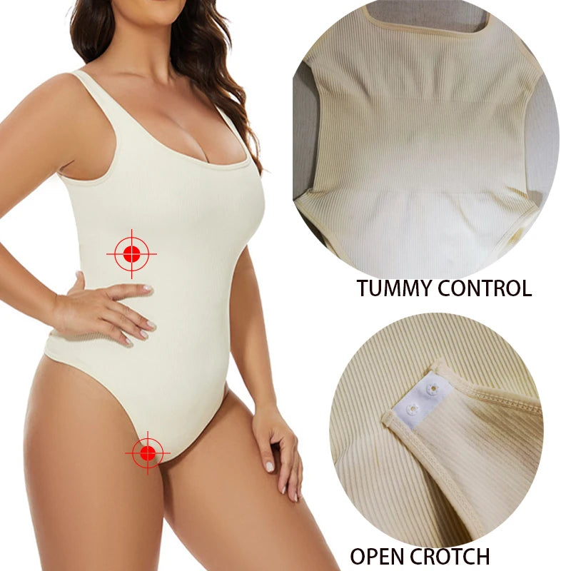 Ribbed Tummy Control Jumpsuit – Light Control Bodysuit with Open Crotch