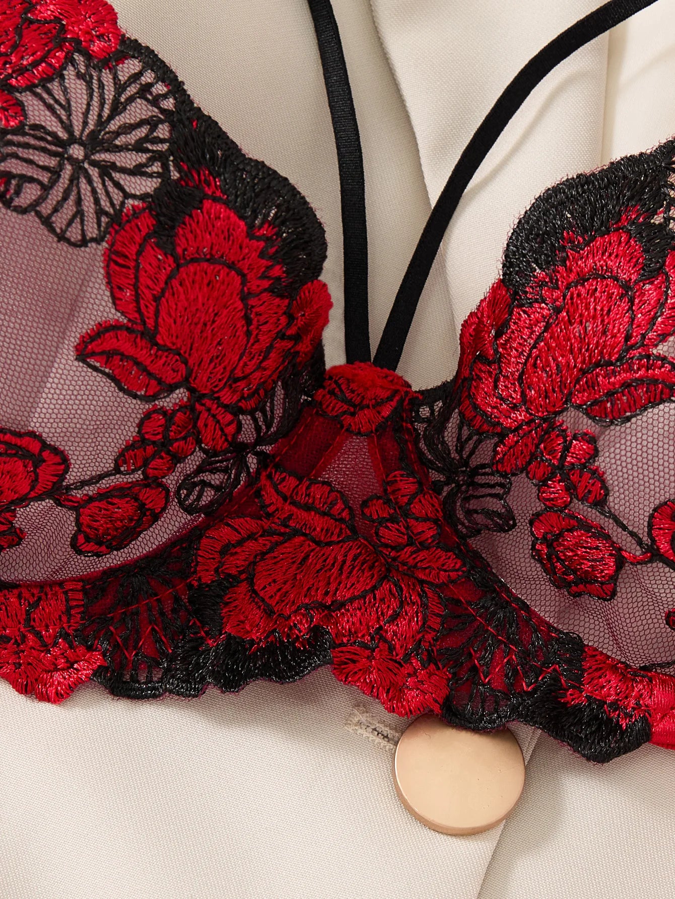 Black & Red Floral Embroidered Bra Set