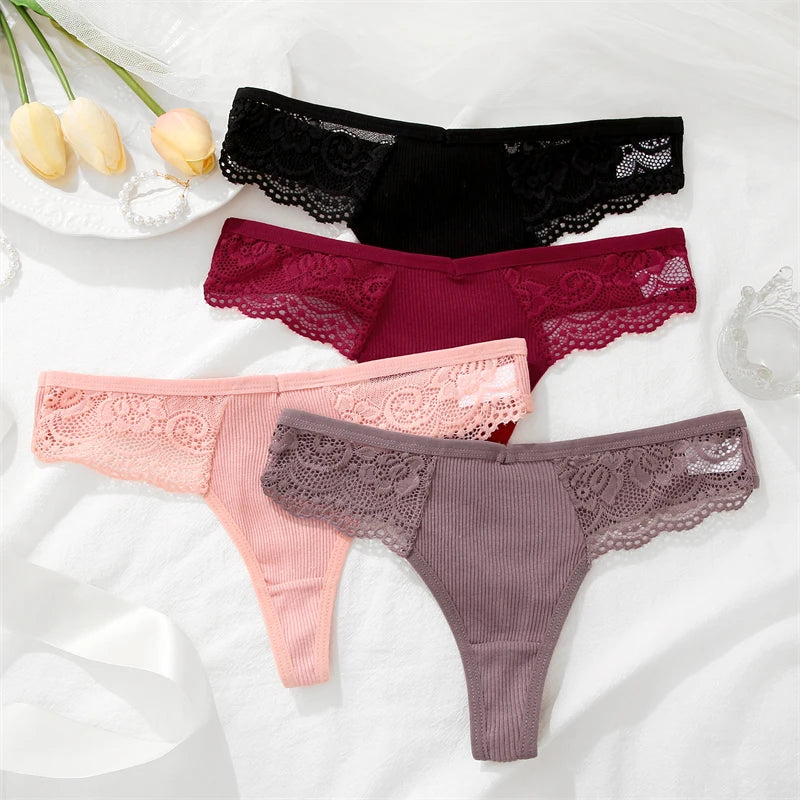 Women’s Low-Waist Cotton Lace G-String Panties – 3 Pcs