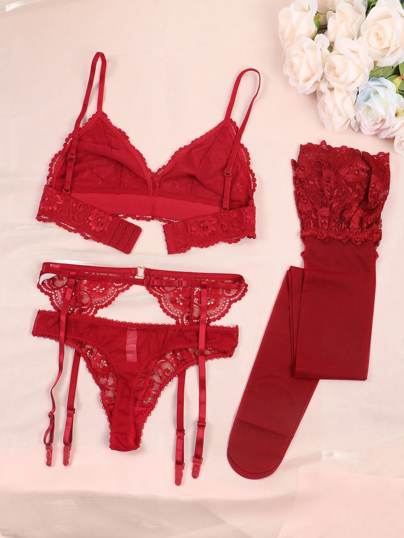 Lace Lingerie Set with Non-Padded Bra, Panty & Garter Stocking